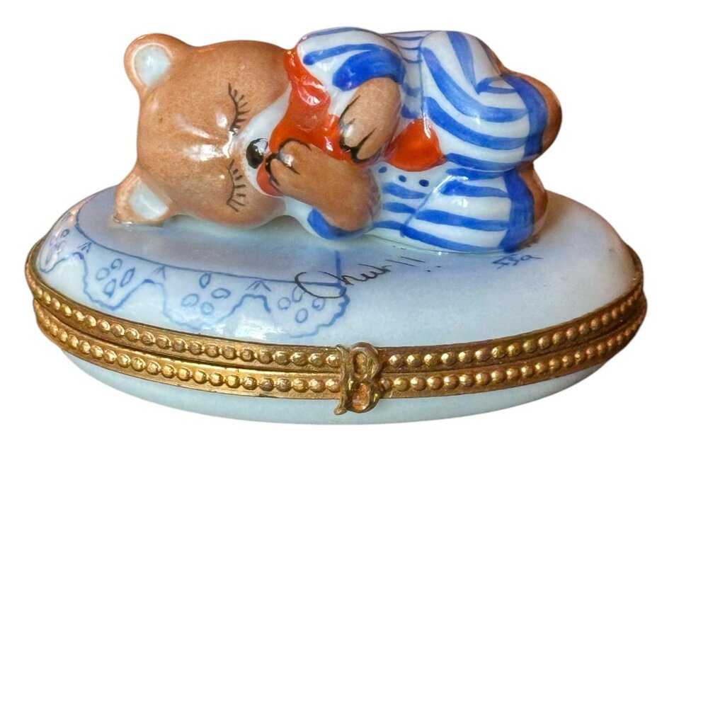 Limoges Hand Painted Porcelain "Sleeping Bear" Trinket Box